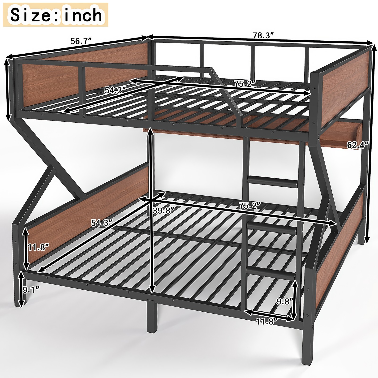 Metal Full over Full Bunk Bed with Storage Shelves Lights Space-saving Black New