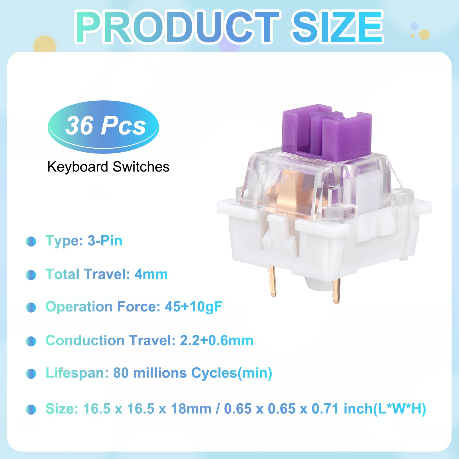 36pcs Purple Keyboard Switches 3-Pin 45gf Linear Keyboard Switch Replacement