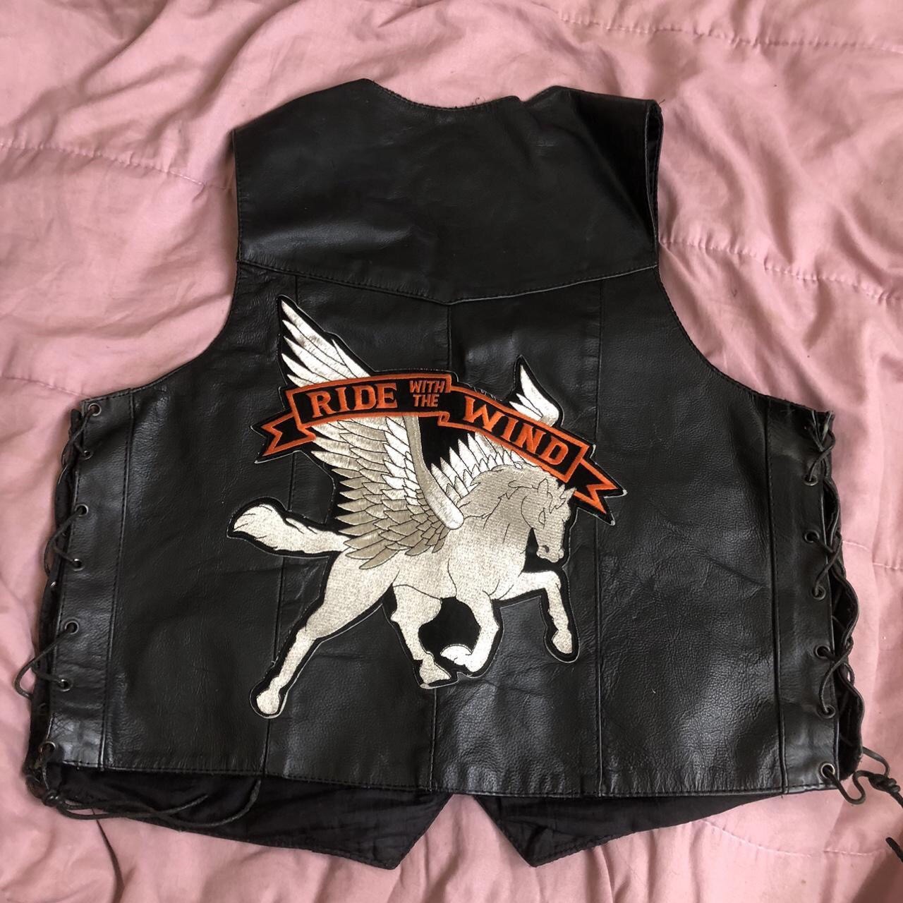 Harley Davidson Pegasus Ride with the Wind Patches Men Black Leather Jacket Vest