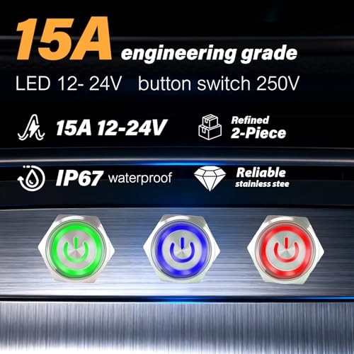 15Amp Push Button Switch，(0.75") 12V-24V Latching Push Button Switch 19mm Red