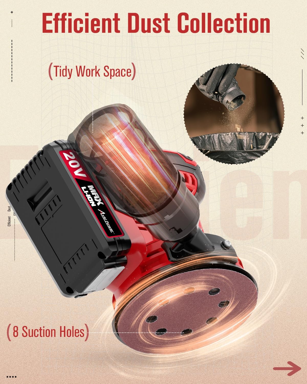 20V Cordless Orbital Sander 5 Inch Electric Sander Tool with 6 Variable Speed...