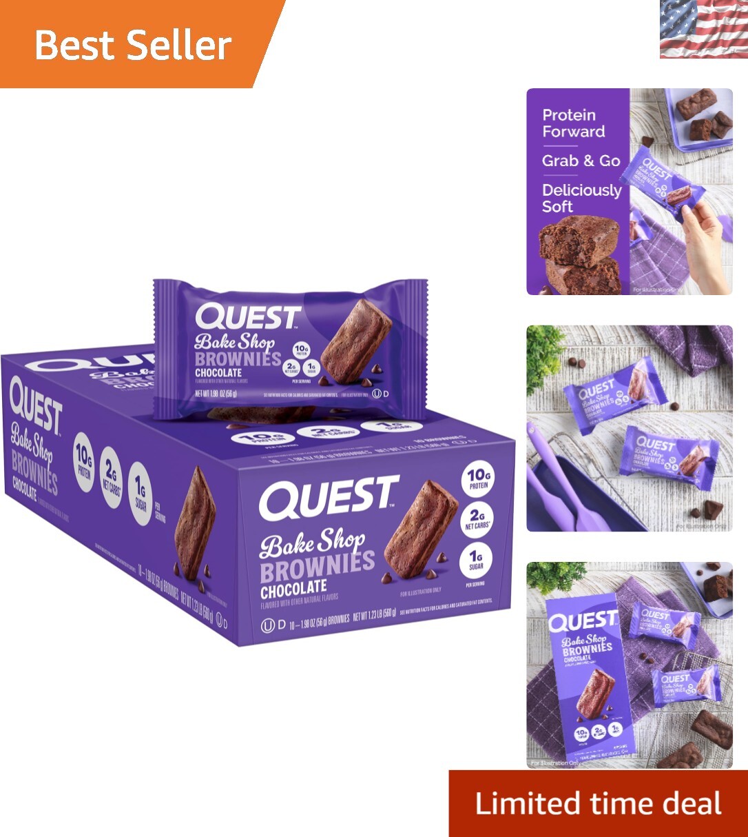 Quest Bake Shop Chocolate Brownies - 10g Protein, 2g Carbs, 1g Sugar, 10 Count