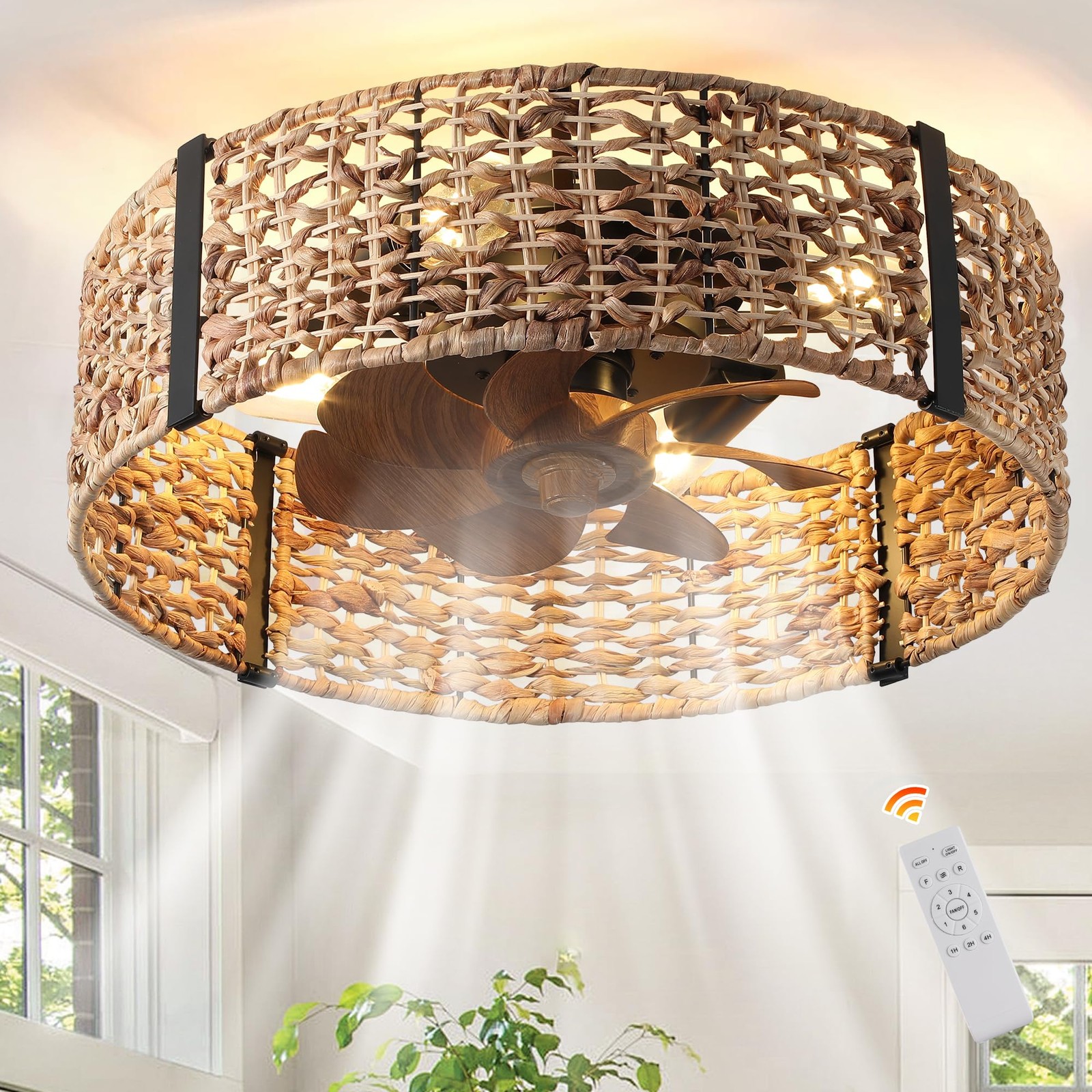 Ganeed 20 Boho Fandelier Ceiling Fan - Rattan Caged Light Remote Control