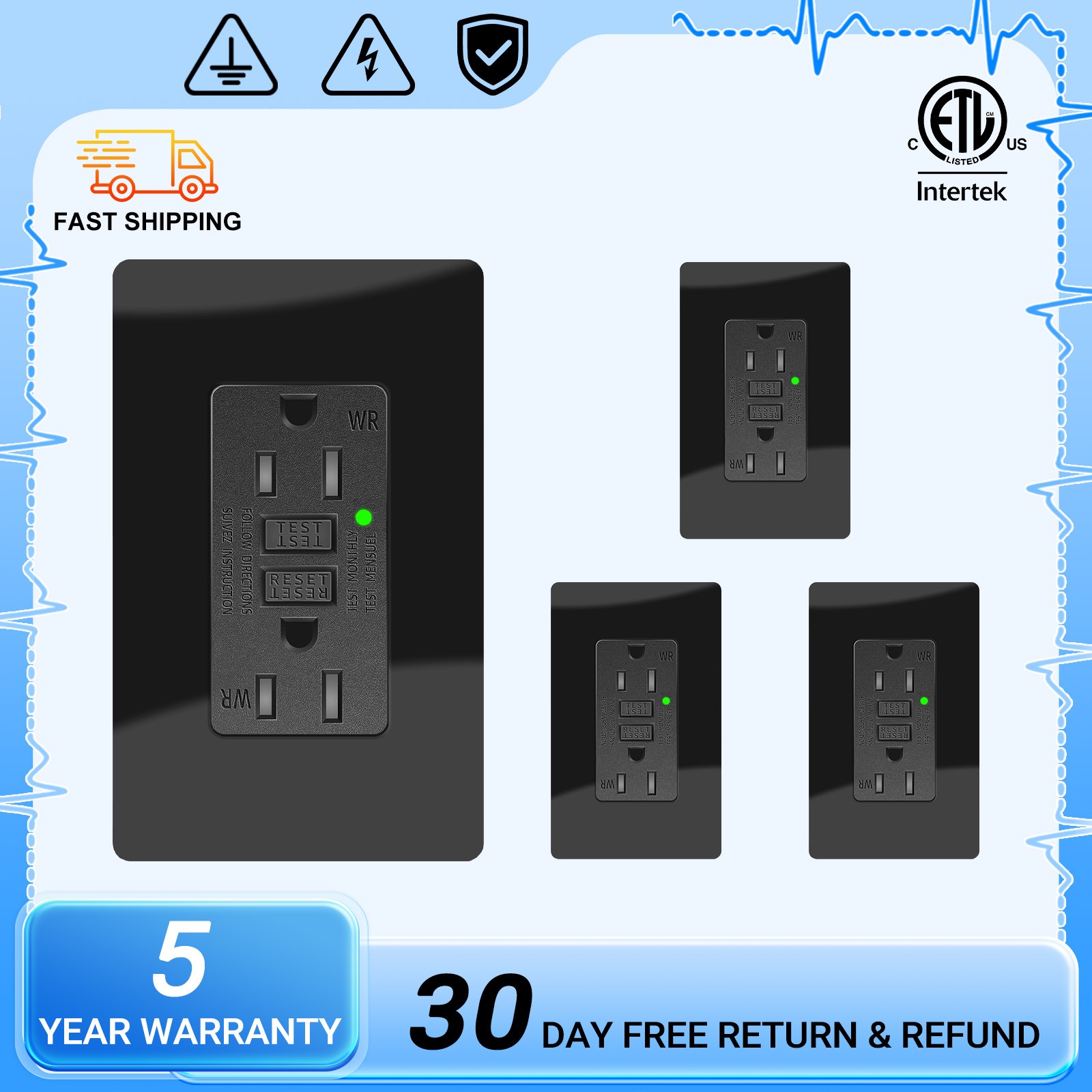 4PK 15A Black GFCI Outlet WR TR ETL Listed LED Indicator & Decor Plate/Screws