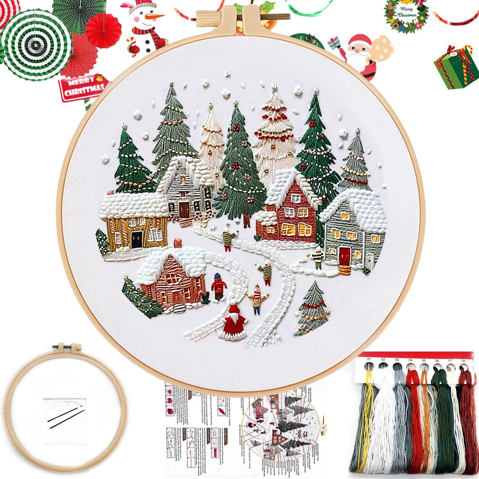 FONNUY Crewel Christmas Embroidery Kit for 9.5 inches x inches, White