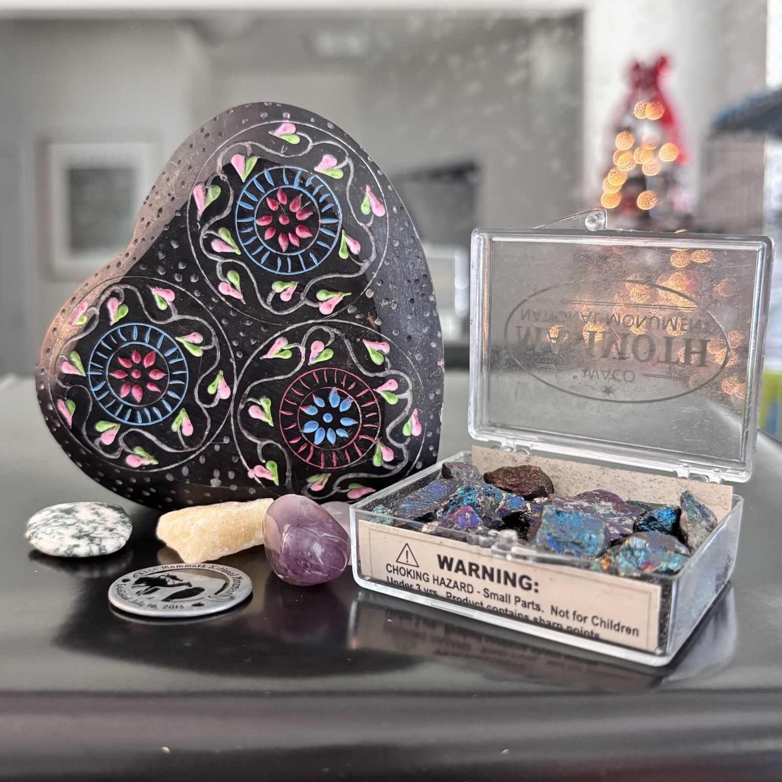 3” Soapstone Heart Shaped Trinket Box w/ Stones & Box of Peacock Chalcopyrite