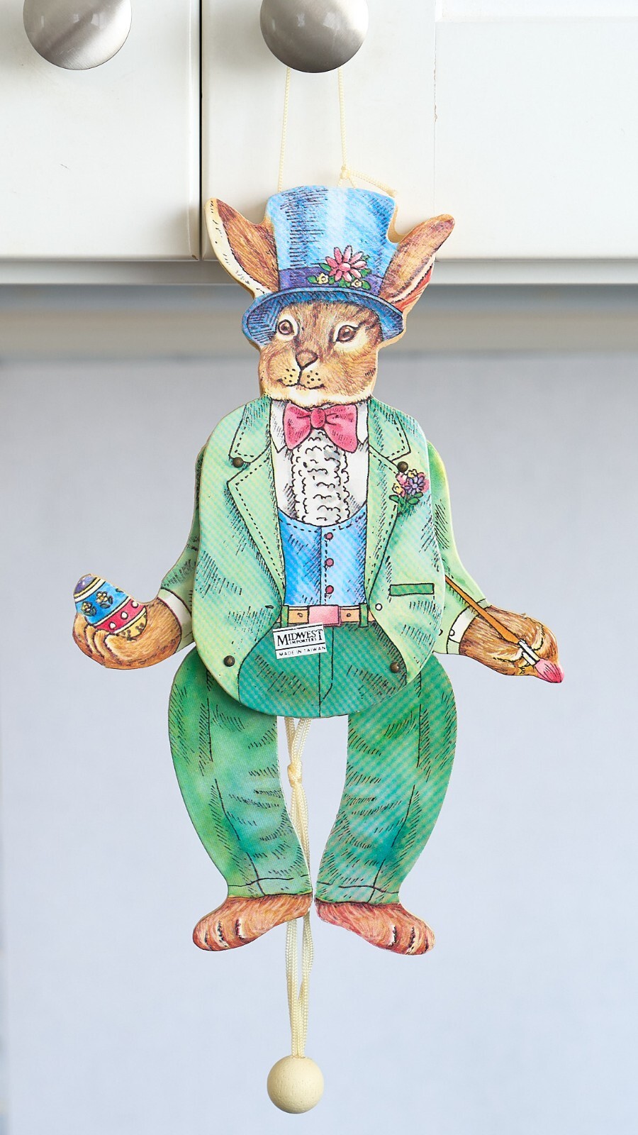 2 EASTER BUNNY Lady Gent Pull String Wooden Ornament 2 Sided Toy Midwest Imports