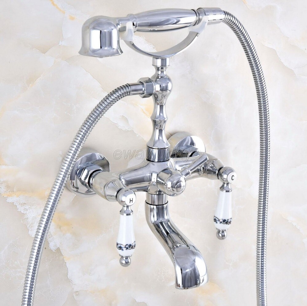 Bathroom Plumbing Polished Chrome Bathtub Clawfoot Tub Faucet With Hand Shower
