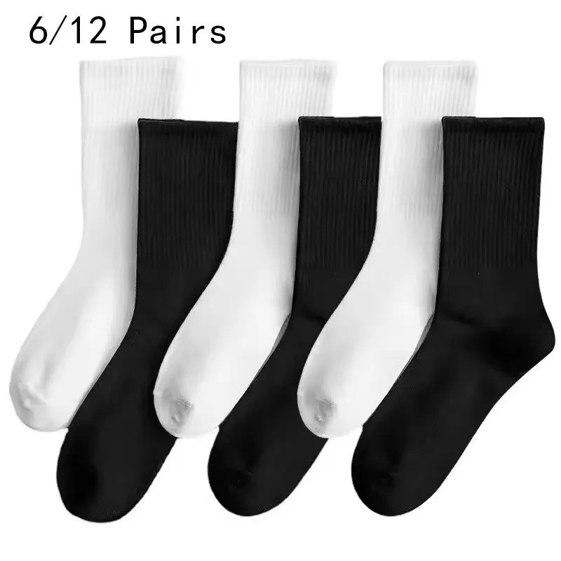 6/12 Pairs Men Crew Socks White Black Breathable Casual Harajuku Streetwear