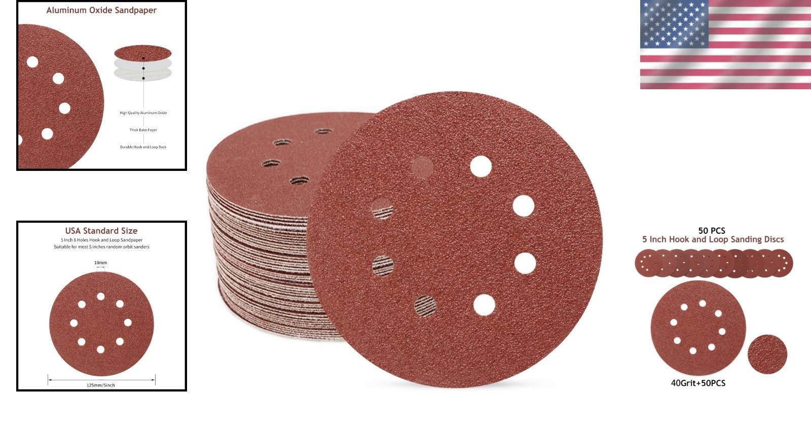 5 Inch 40 Grit Sanding Discs – 50 Hook and Loop options for All Surfaces