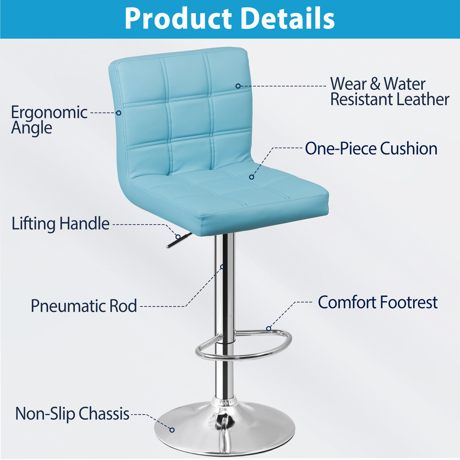 2PCS Bar Stools Blue PU Leather Height Adjustable Swivel Barstools Armless