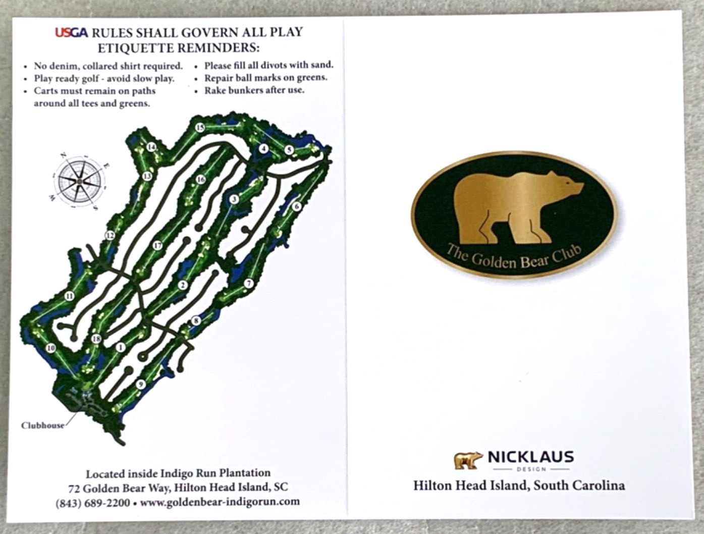 GOLDEN BEAR GOLF CLUB  UNUSED SCORECARD JACK NICKLAUS HILTON HEAD ISLAND    C5