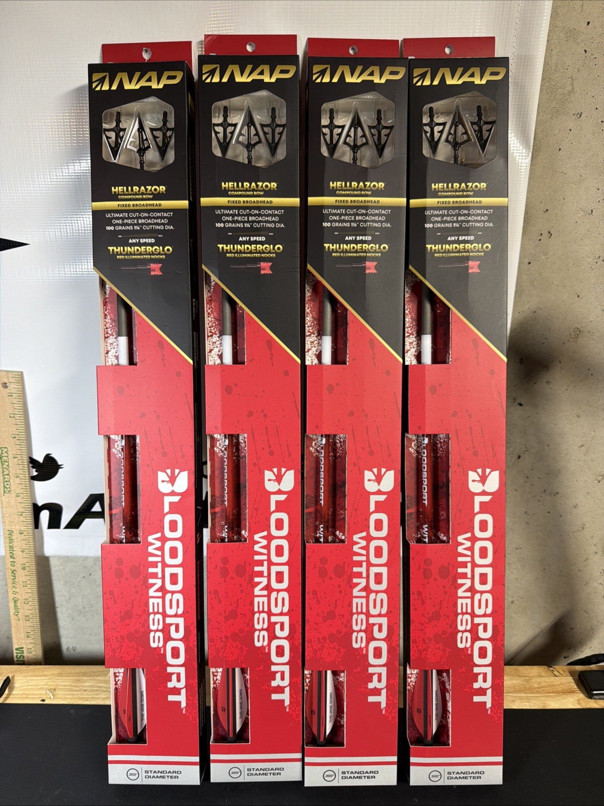 NEW! 4x Bloodsport Witness Bolts w/ Hellrazor Broadheads Nocks NAP 3 Pack USA!