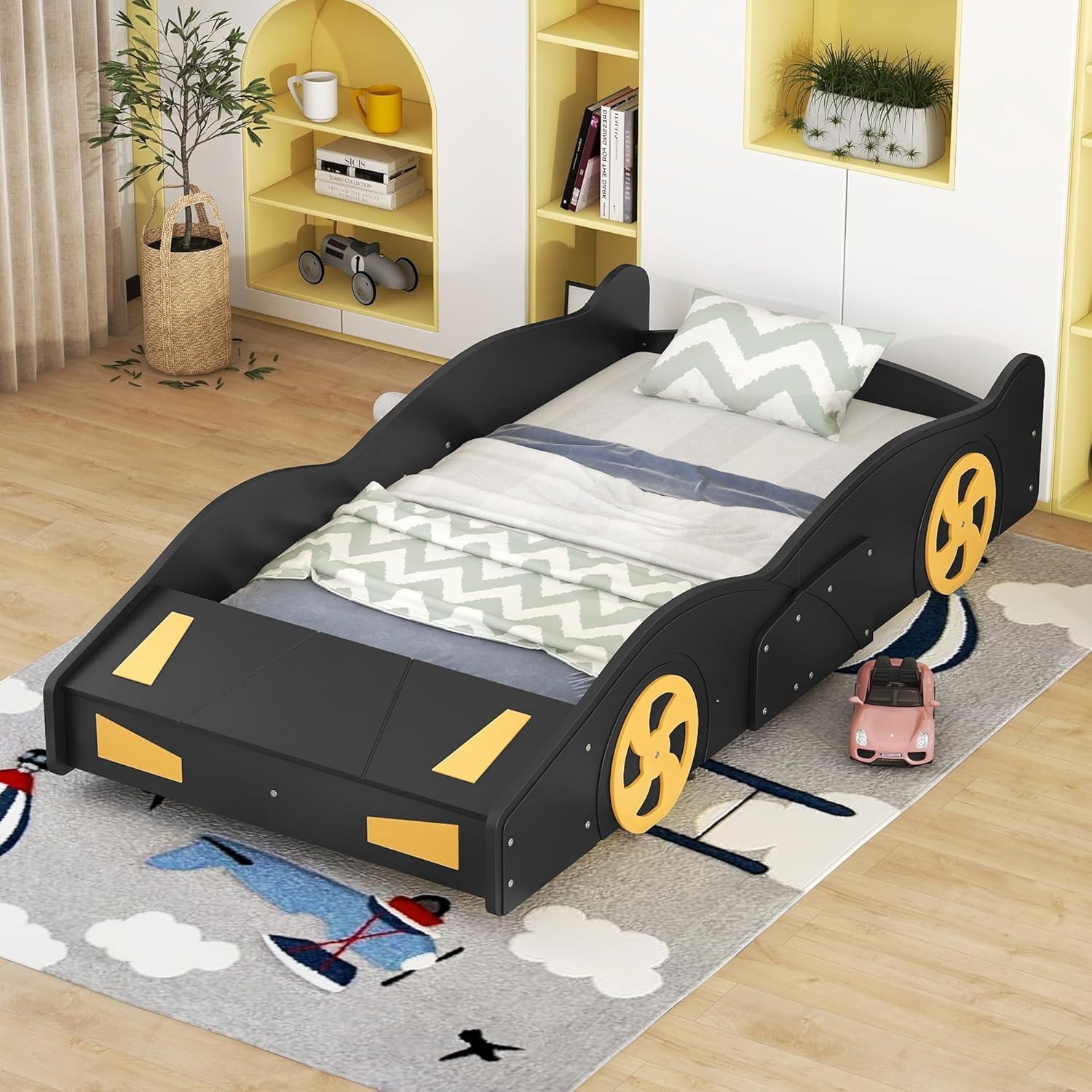Twin Size Race Car Bed Frame Wood Wheels Yellow