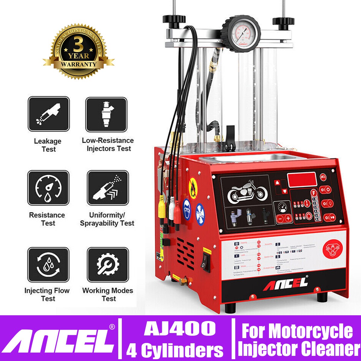 ANCEL AJ400-M Motorcycle Fuel Injector Cleaner Tester Ultrasonic Tool 4-Cylinder