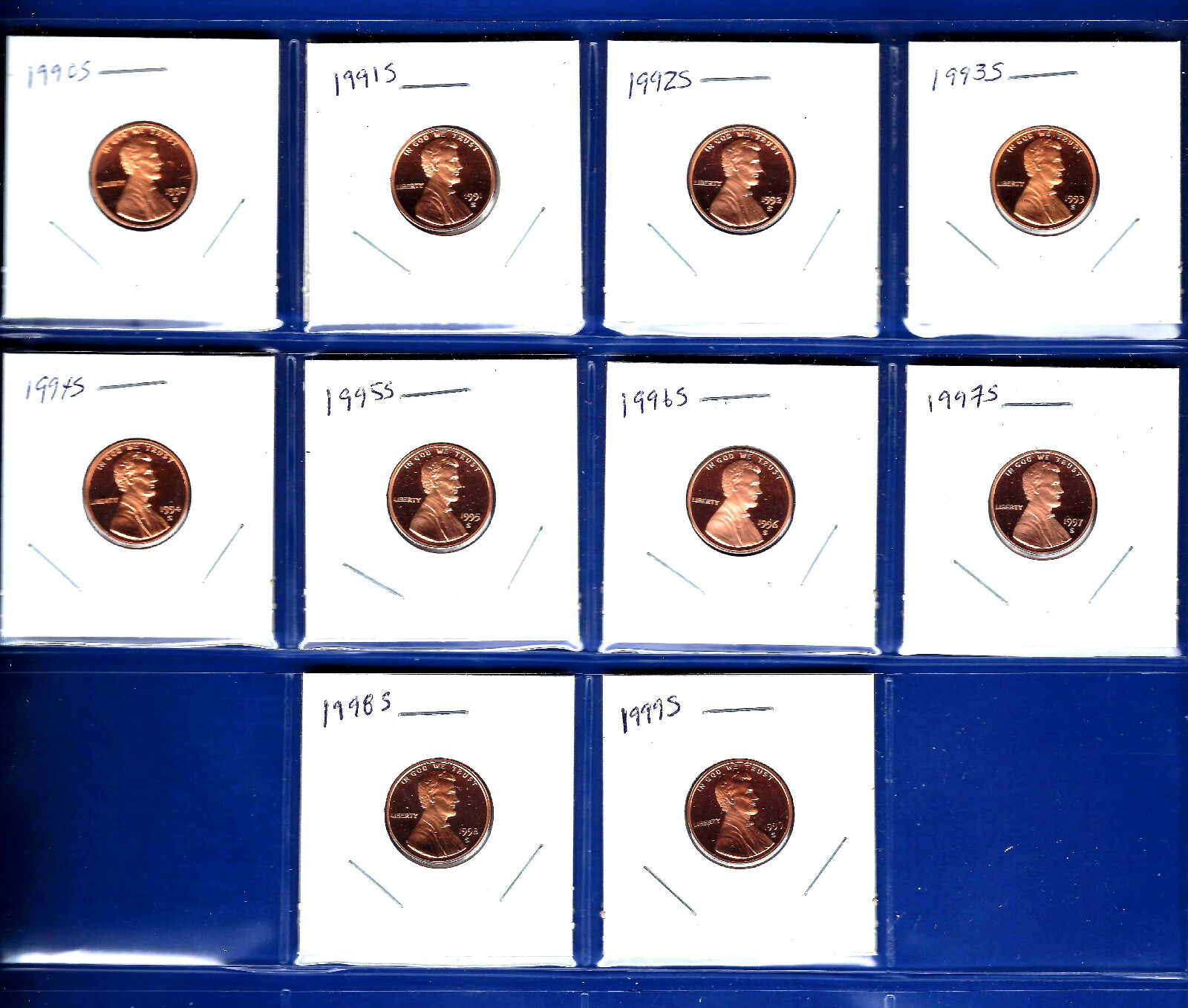 1990 through 1999 Lincoln Proof Cent Penny Set of 10