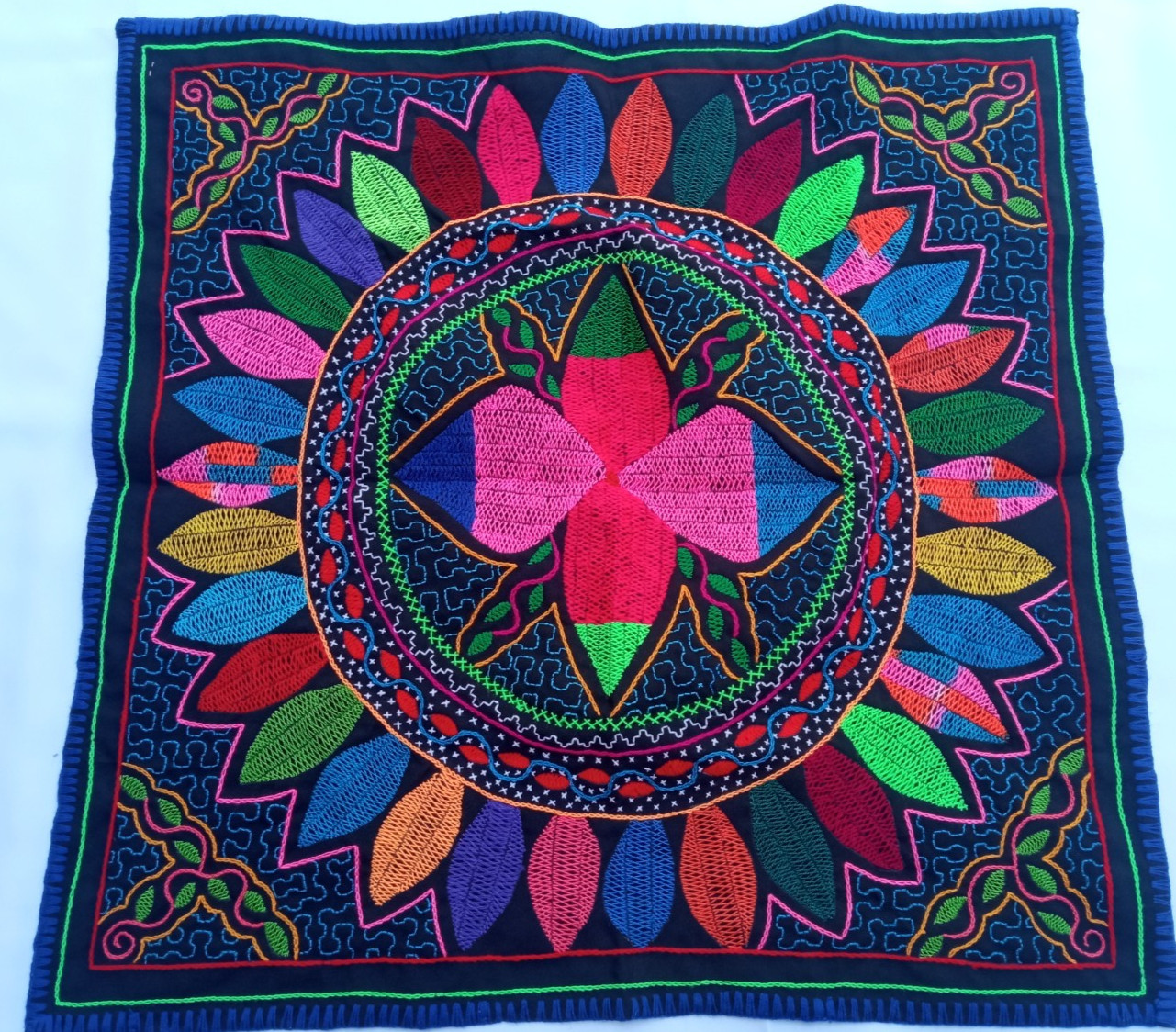 Shipibo Native Hand Embroidery healing  textile 28" X 28"