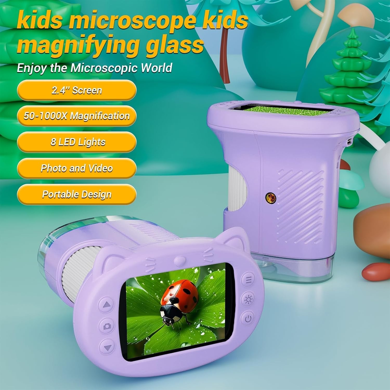 2.4" Screen Pocket Kids Microscope: 1000X Handheld Microscope for Photo and V...