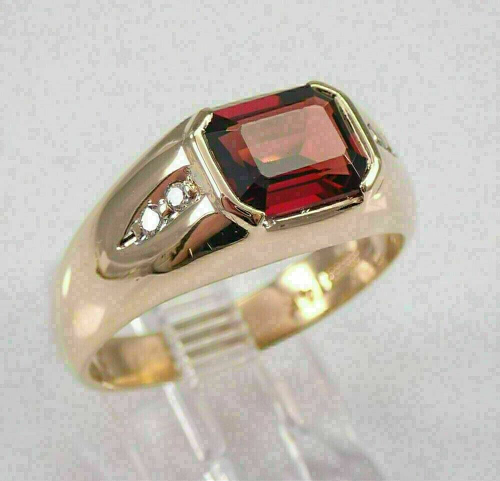 14K Yellow Gold Finish 3Ct Emerald Cut Red Garnet & Bezel Men's Engagement Ring
