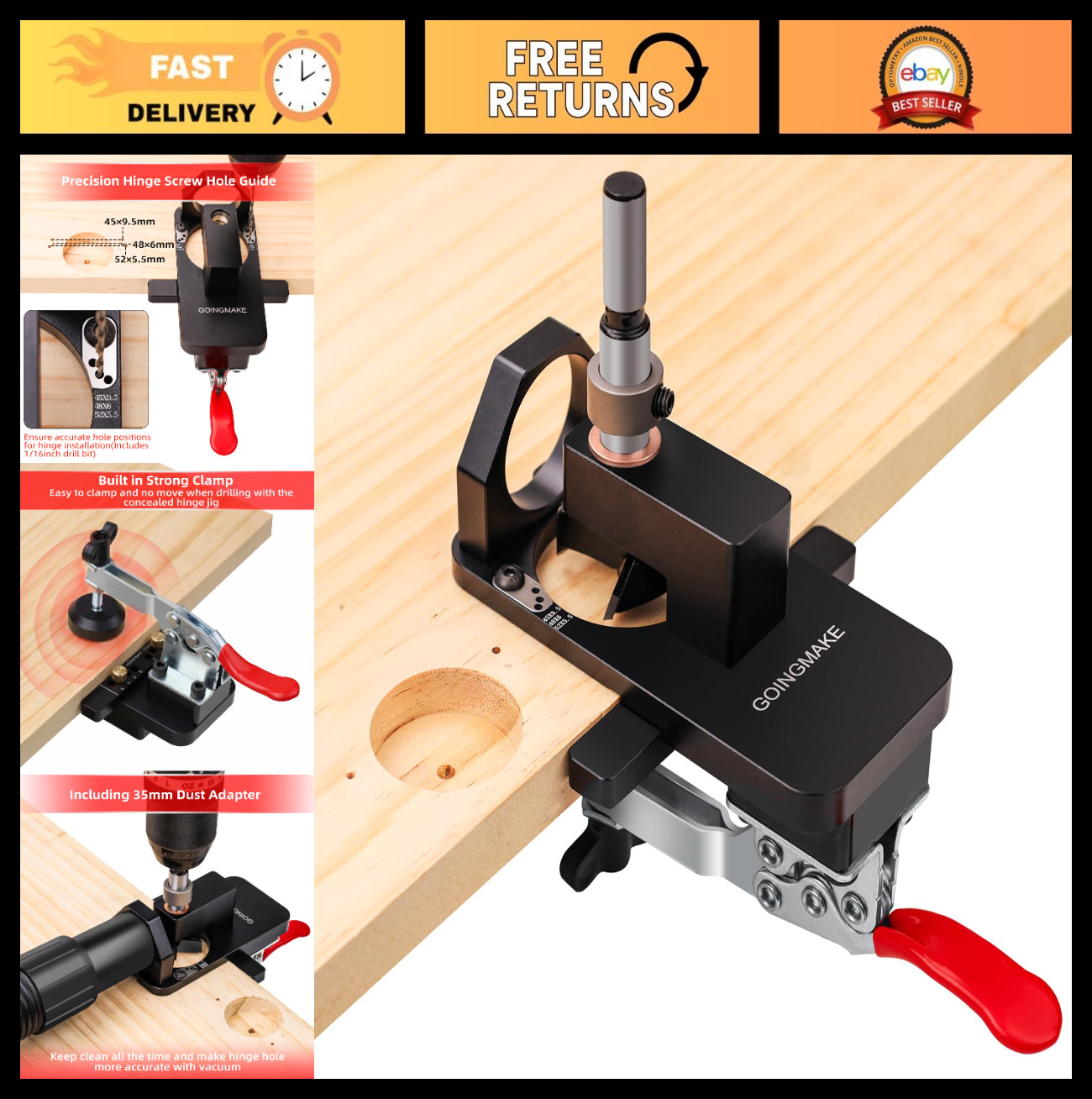 Compact Metal Concealed Hinge Jig with Quick Clamp & Dust Adapter for Cabinet Do