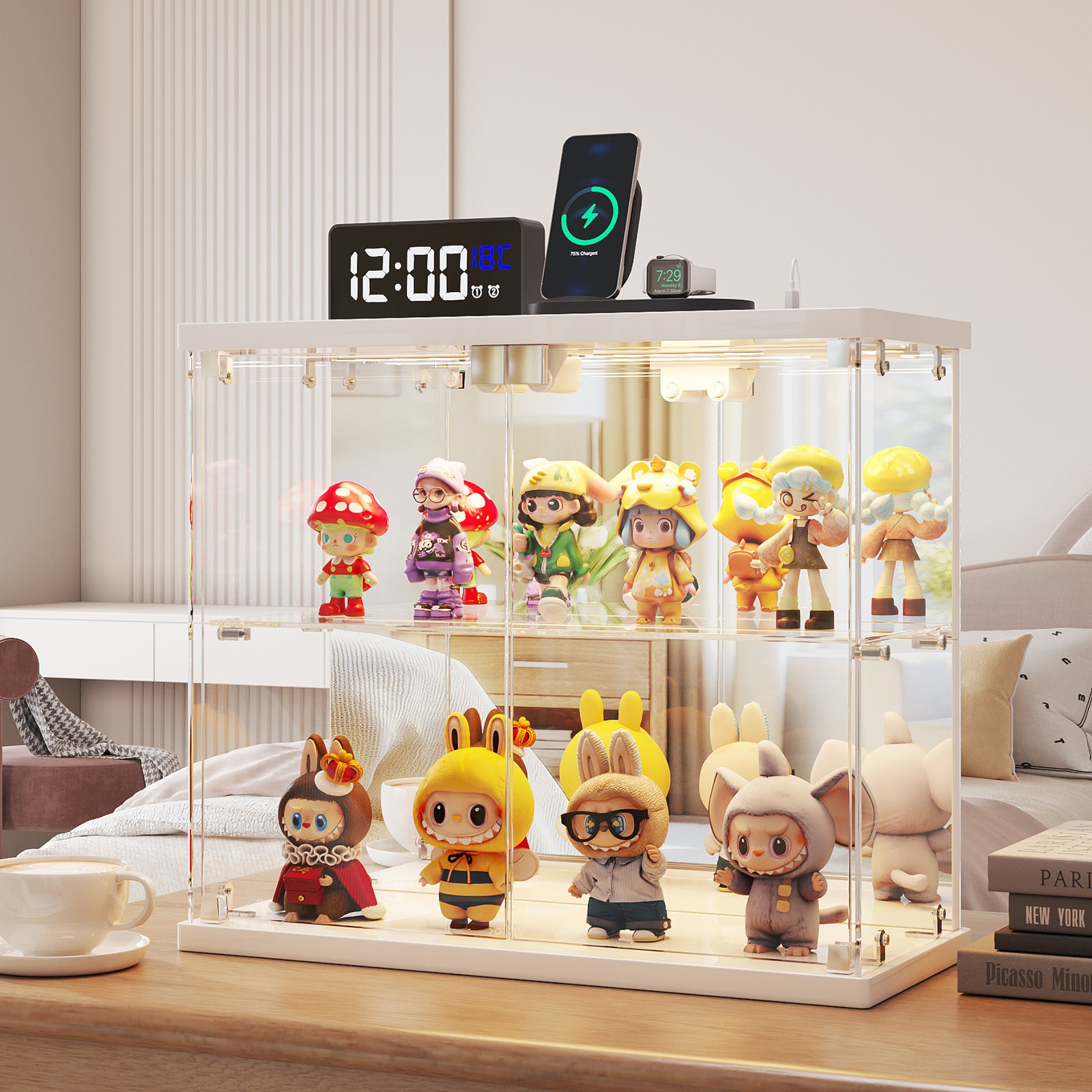Glass Display Case with Human Sensor Lights & Charging Station for Collectibles