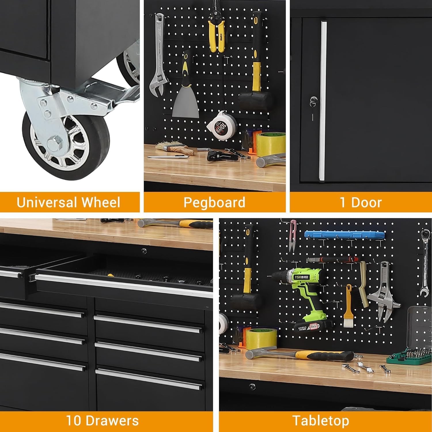 10 Drawers 61inch Rolling Tool Chest Garage Workbench Storage Tool Cabinet Strip