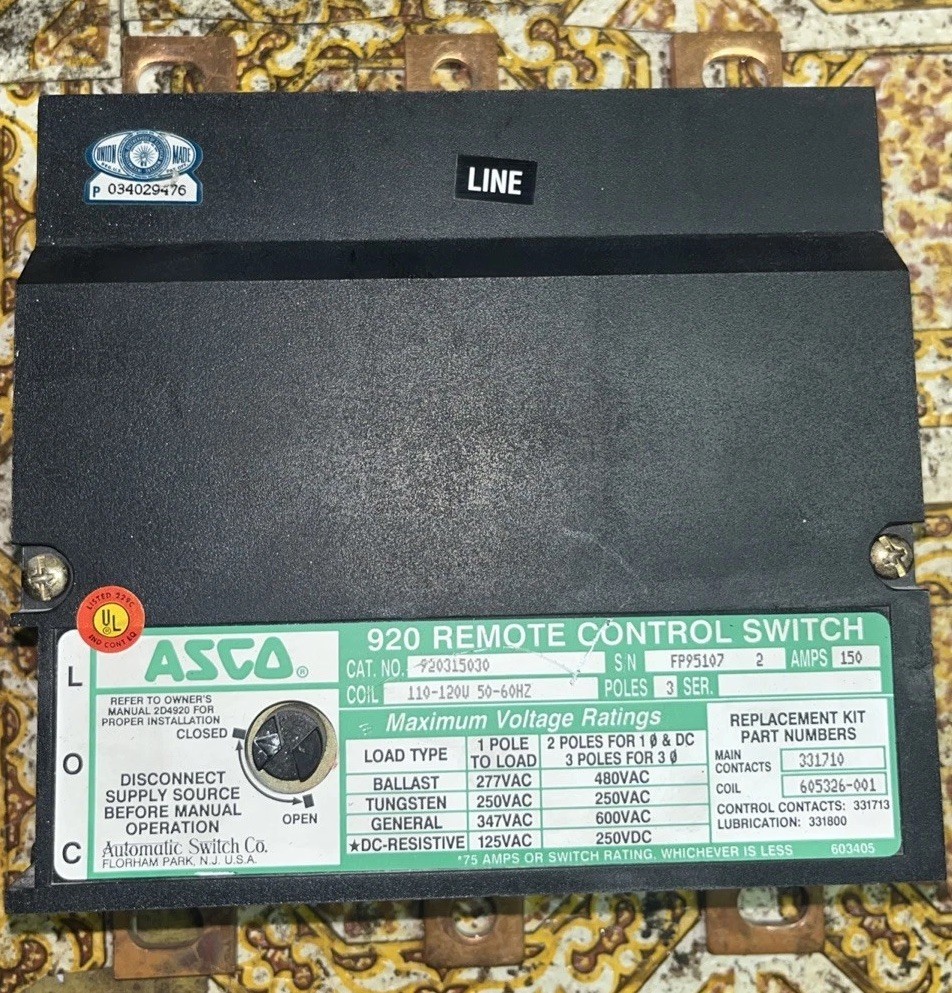ASCO 920 Remote Control Switch, 3-Pole, 150A, 110-120 V Coil 920315030