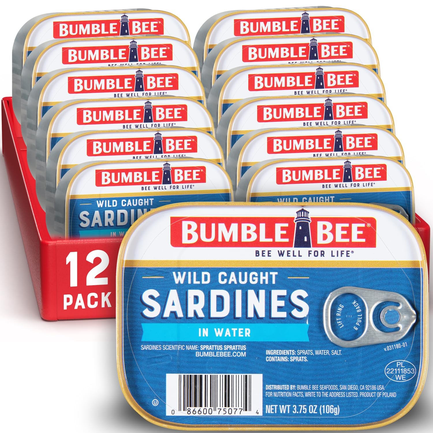 Sardines in Water, 3.75 oz Tin (Pack of 12)-Wild Caught, Gluten Free, Keto,
