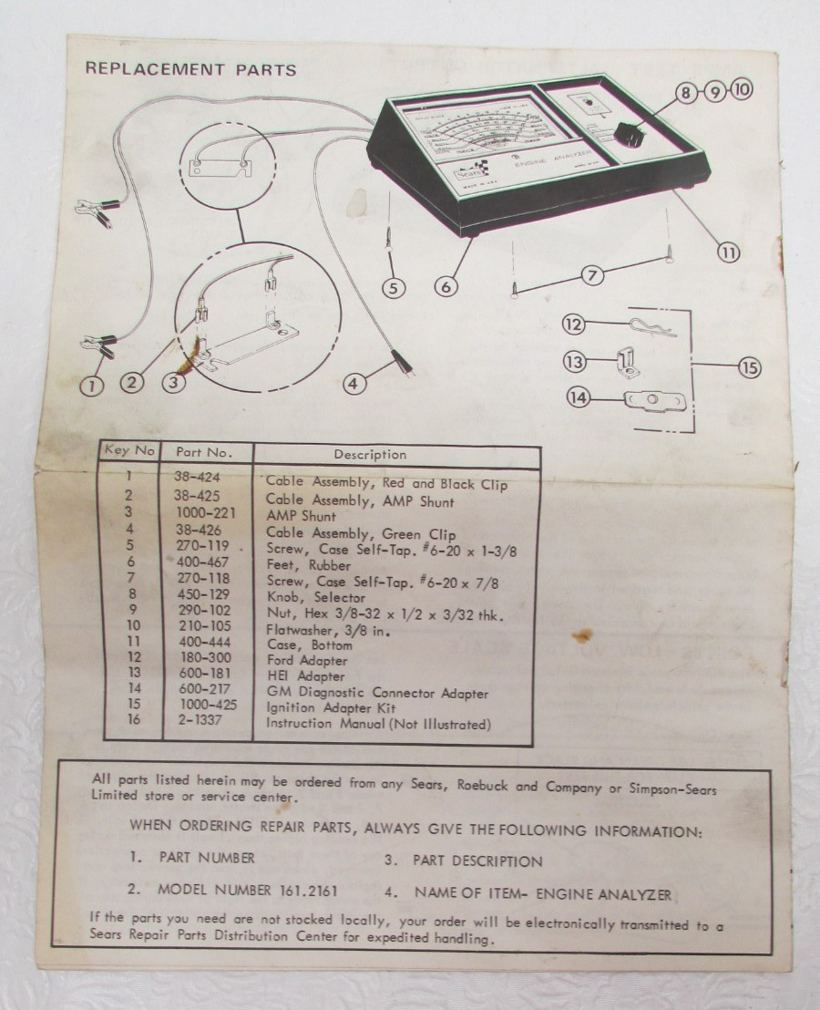 Vintage SEARS Engine Analyzer For 12 Volt Ignition Systems 28-2161