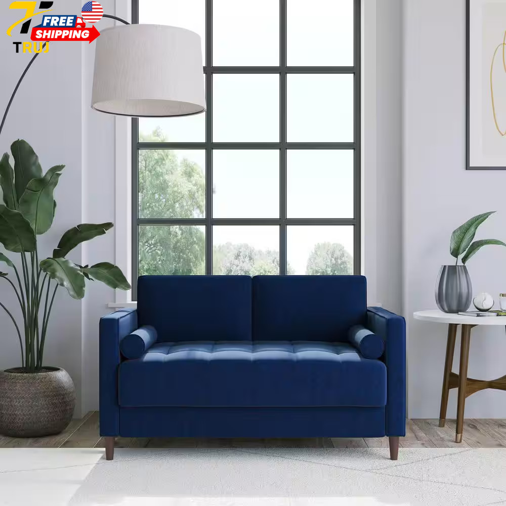Lillith 52.4" Navy Blue Tufted Polyester 2-Seater Loveseat with Square Arms NEW