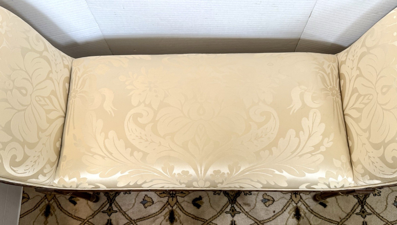 Magnificent Neoclassical Carved Mahogany and Gilt Scroll Arm Window Bench Seat