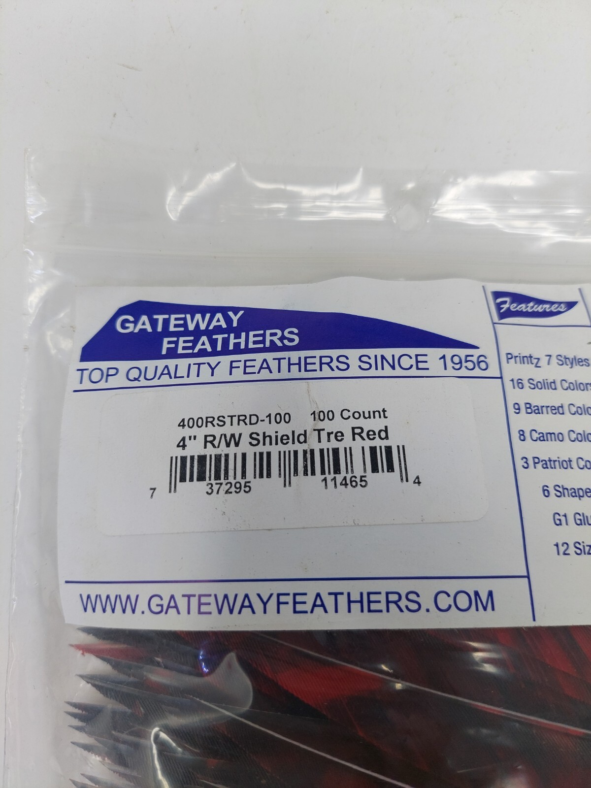 100pk Gateway Feathers 4" Right Wing: Shield Tre Red 400RSTRD-100