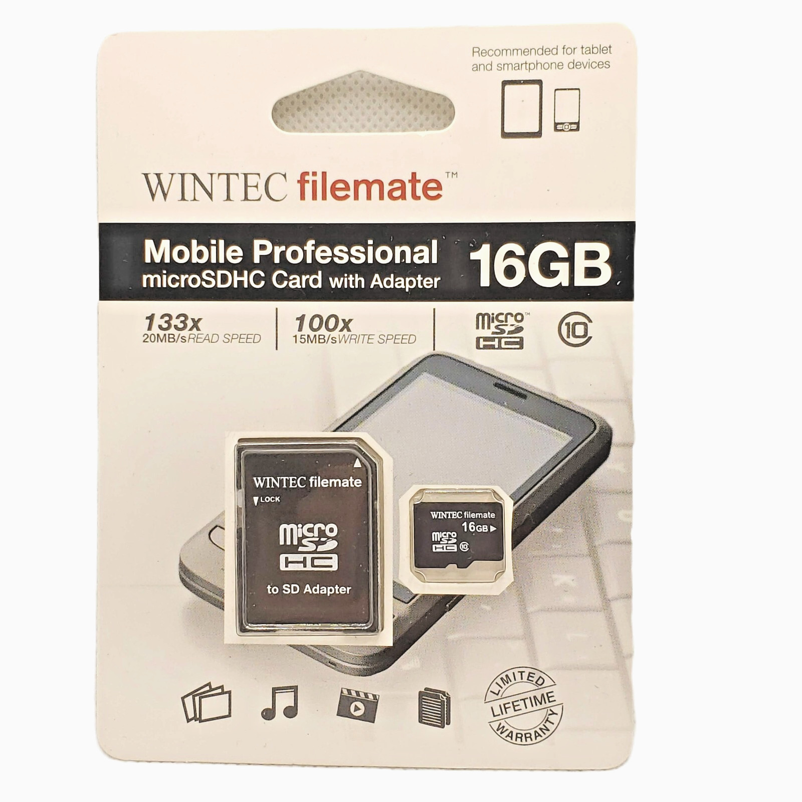 Wintec FileMate MicroSDHC Flash Card with Adapter 16GB Tablets Phones Cameras