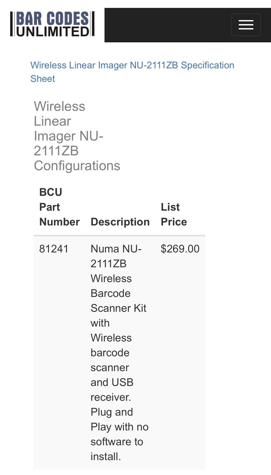 NUMA Barcode Scanner NU-2111ZB Wireless Linear Imager $269 Retail