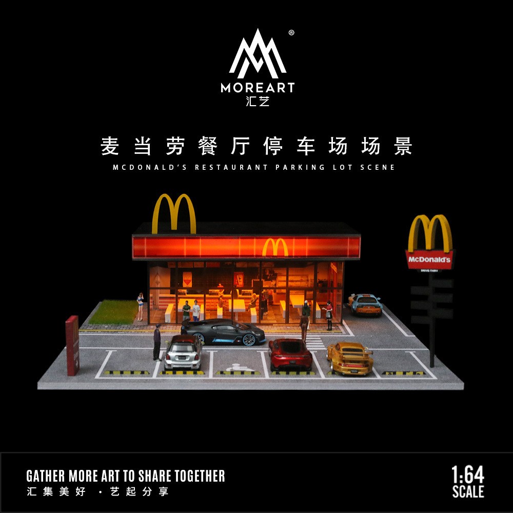 MoreArt 1/64 Diorama Car Parking Lot Model LED Lighting McDonald's Scene Model