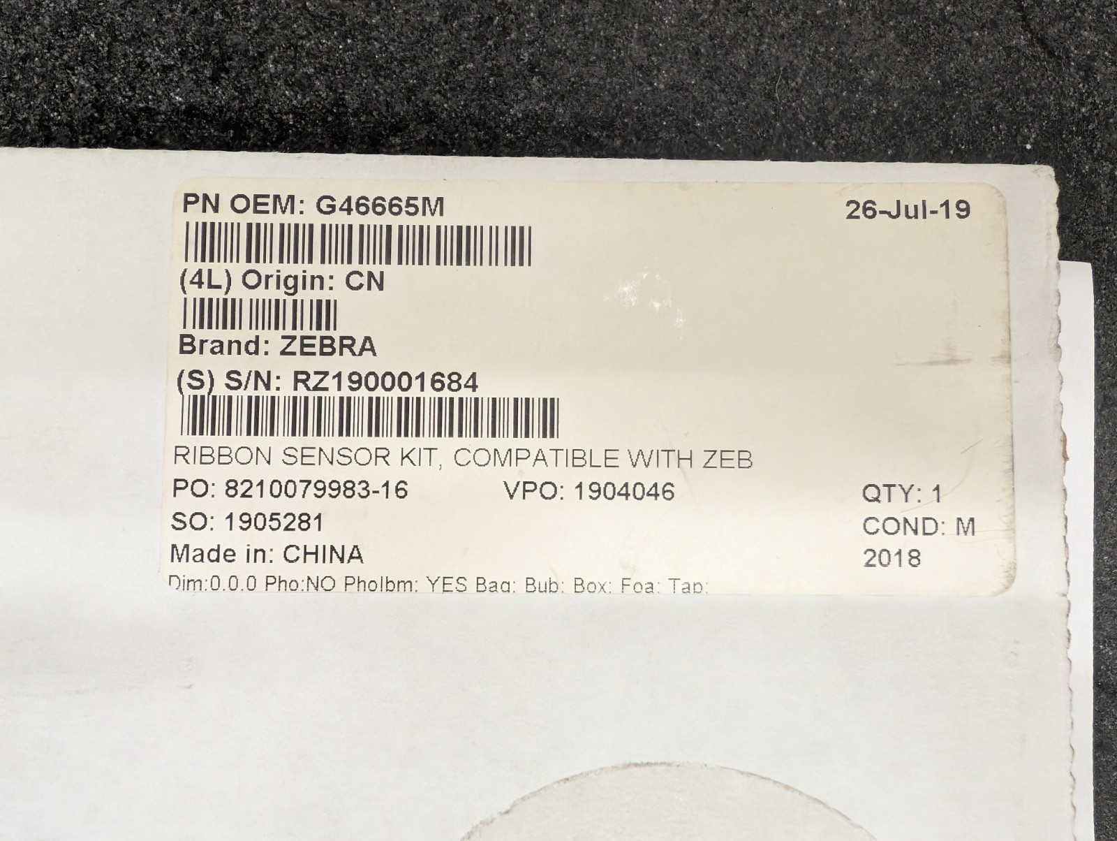 New, Zebra, G46665M, RIBBON SENSOR XI III PLUS/105SL PRINTER MEDIA SENSOR KIT