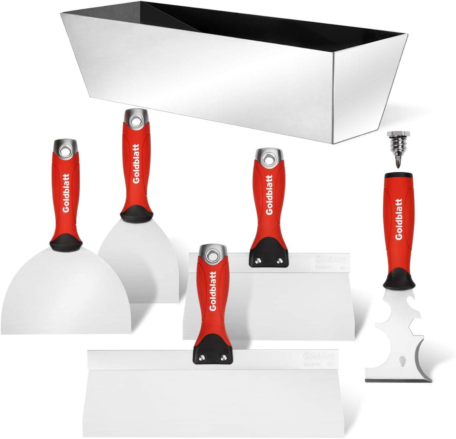 Includes joint knives, scraper and mud pan, all stainless steel