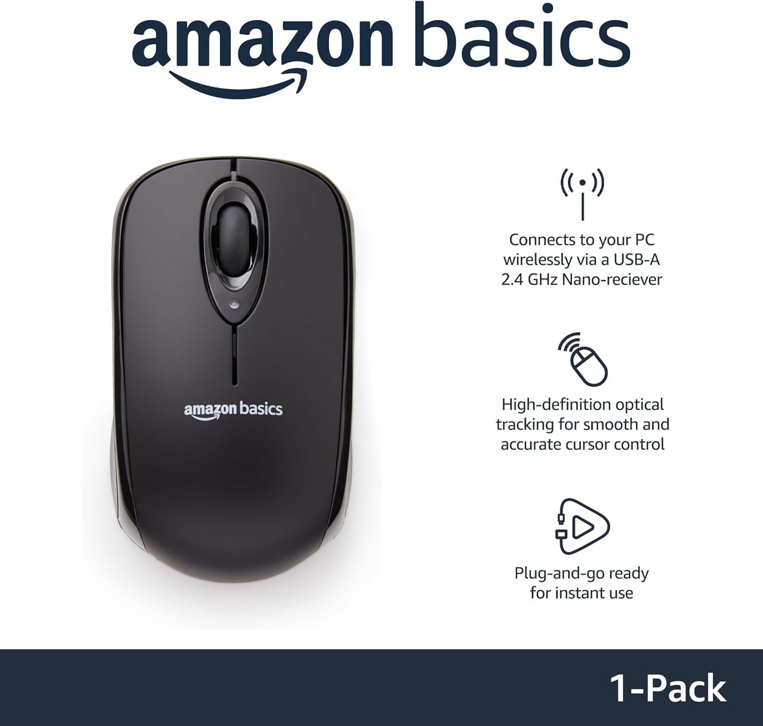 Smooth and Reliable Wireless Optical Mouse with Built-in USB Receiver - Black