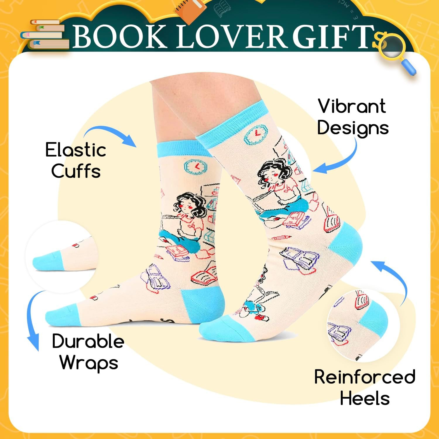 Book Lover Gifts - Funny Reading Teacher Socks for Readers Women Men with Card