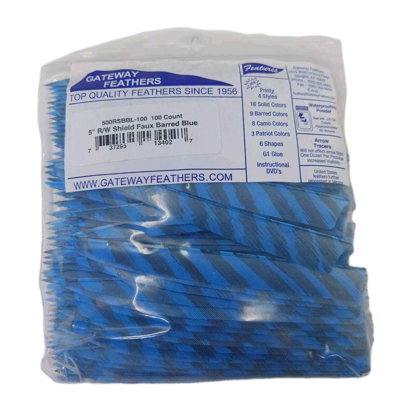100 Pack Gateway Feathers 5" Right Wing: Shield Faux Barred Blue 500RSBBL-100