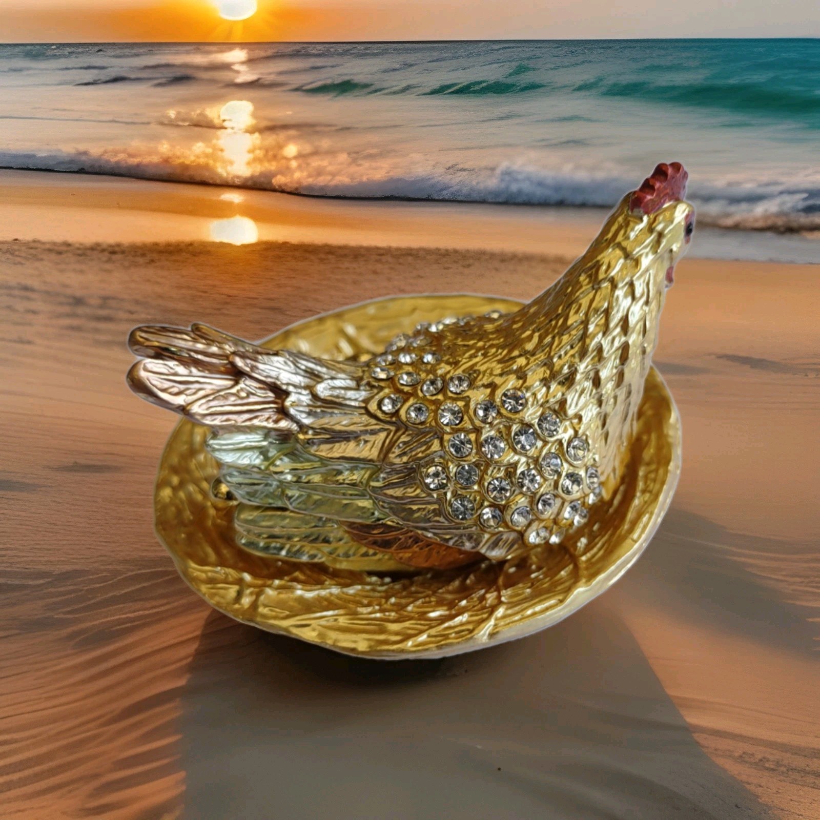 Gold Brown Chicken Hen Trinket Box