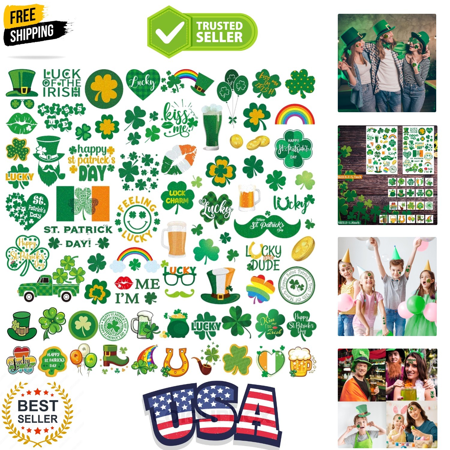 23 Sheets Large Glitter St. Patrick's Day Tattoos Accessories, 100+ Pcs Lucky...