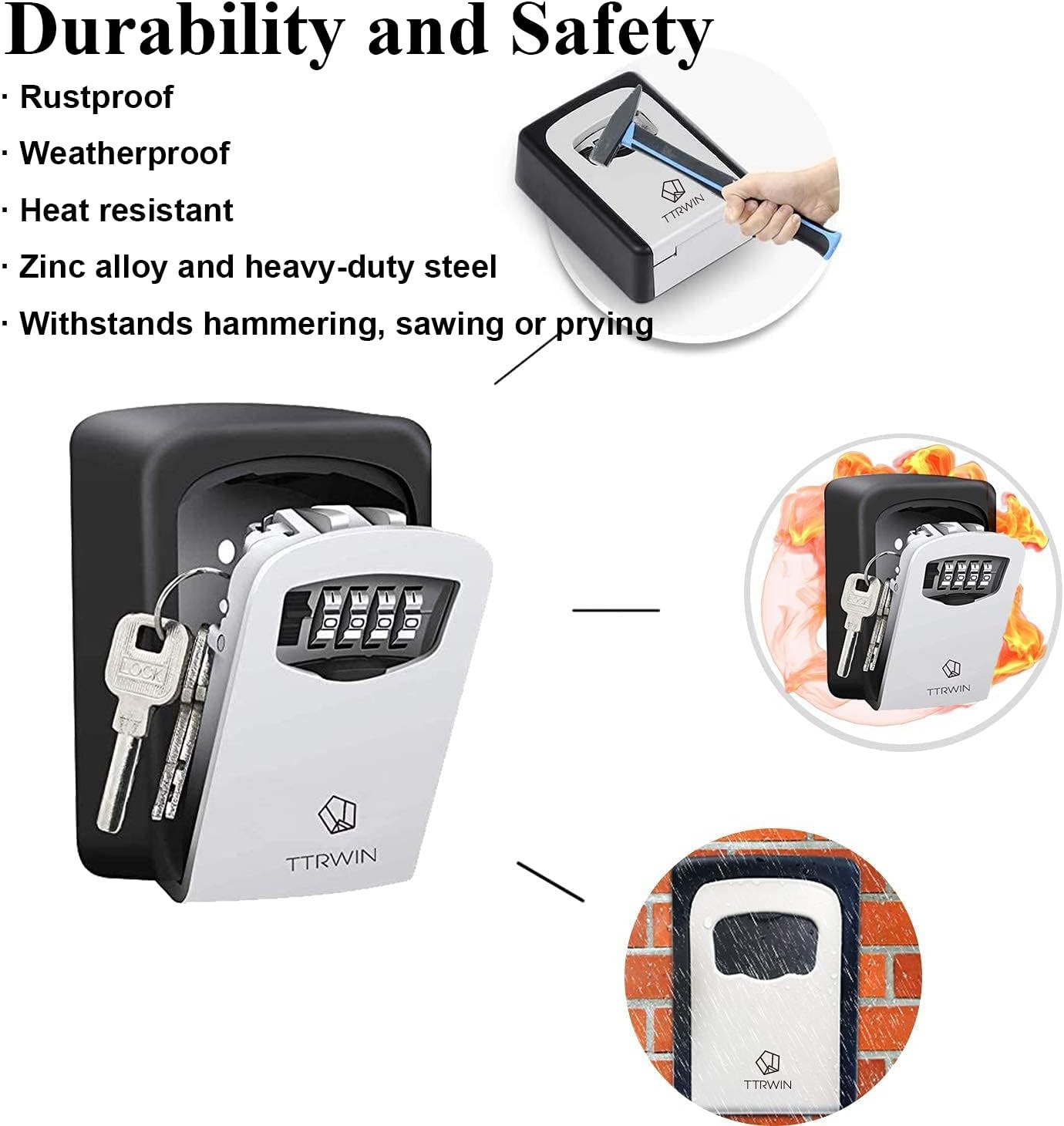Key Lock Box for Outside, Resettable 4 Digit Combination Waterproof Lockbox, Key