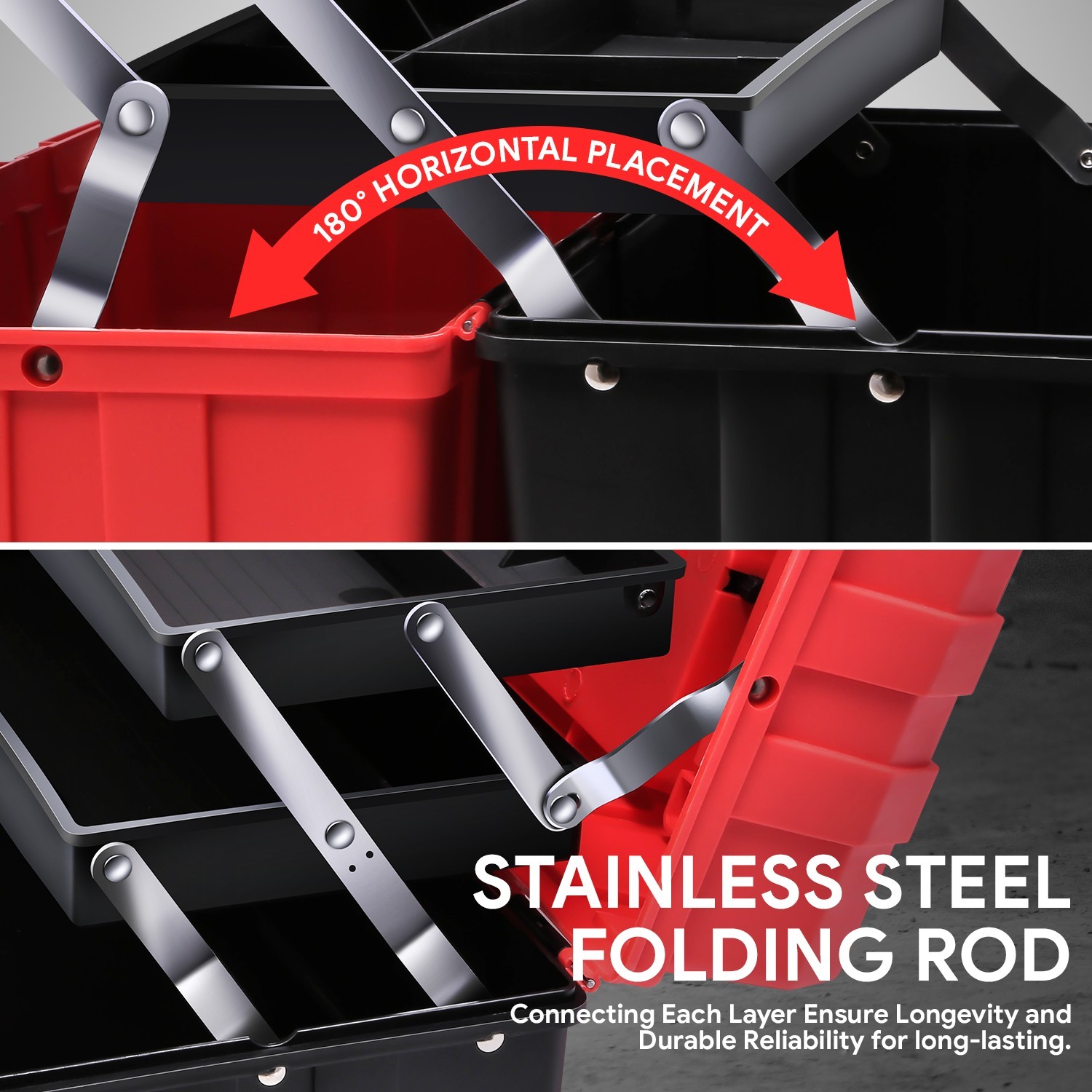 17" 3-Tier Tray Multi-Function Foldable Tool Box Workshop Garage Organize Red