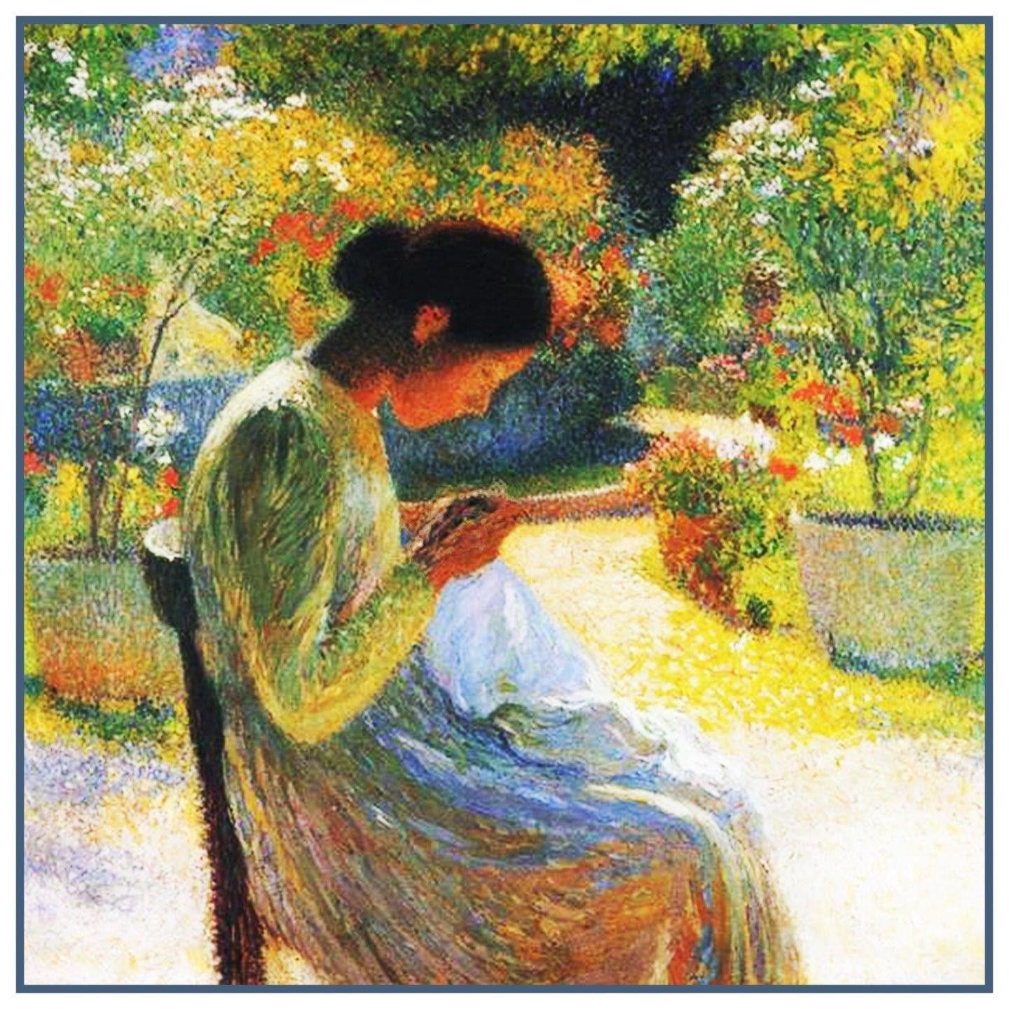 Sewing in French Garden Impressionist Henri Martin Counted Cross Stitch Pattern