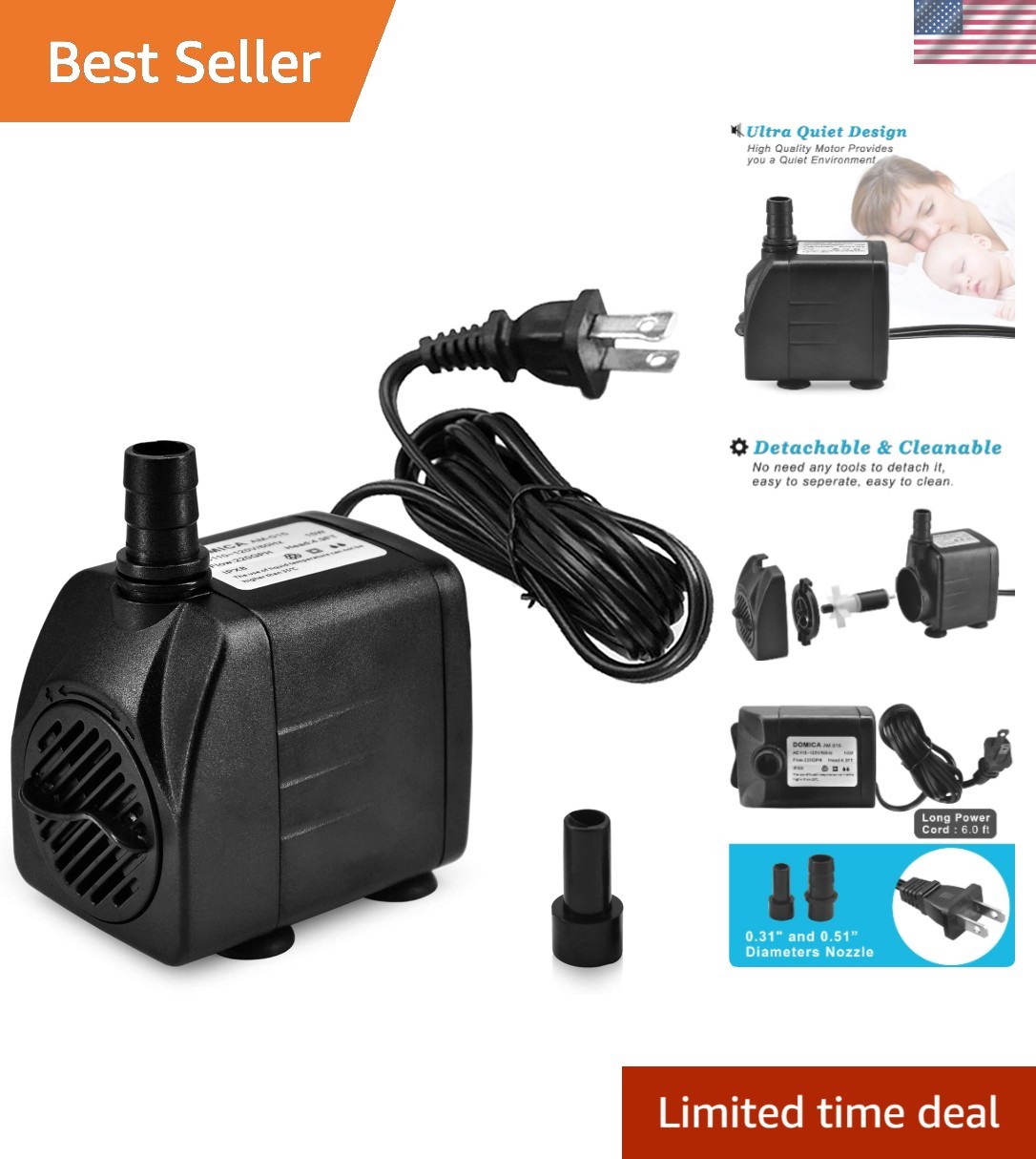220GPH Ultra Quiet Submersible Fountain Pump for Indoor/Outdoor Water Features