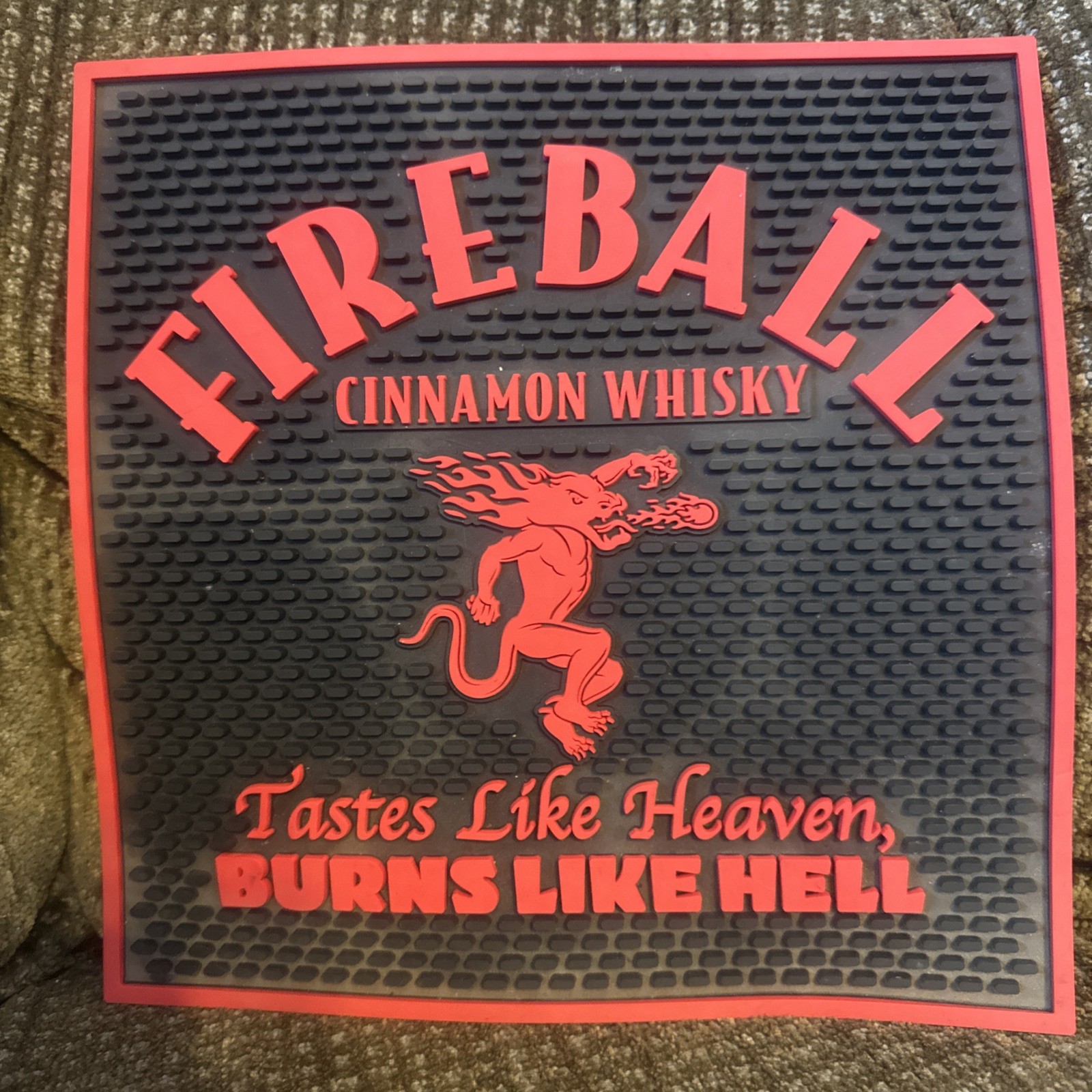 FIREBALL Bar Mat Cinnamon Whisky Square Alcohol Pour Rubber 12" Black & Red