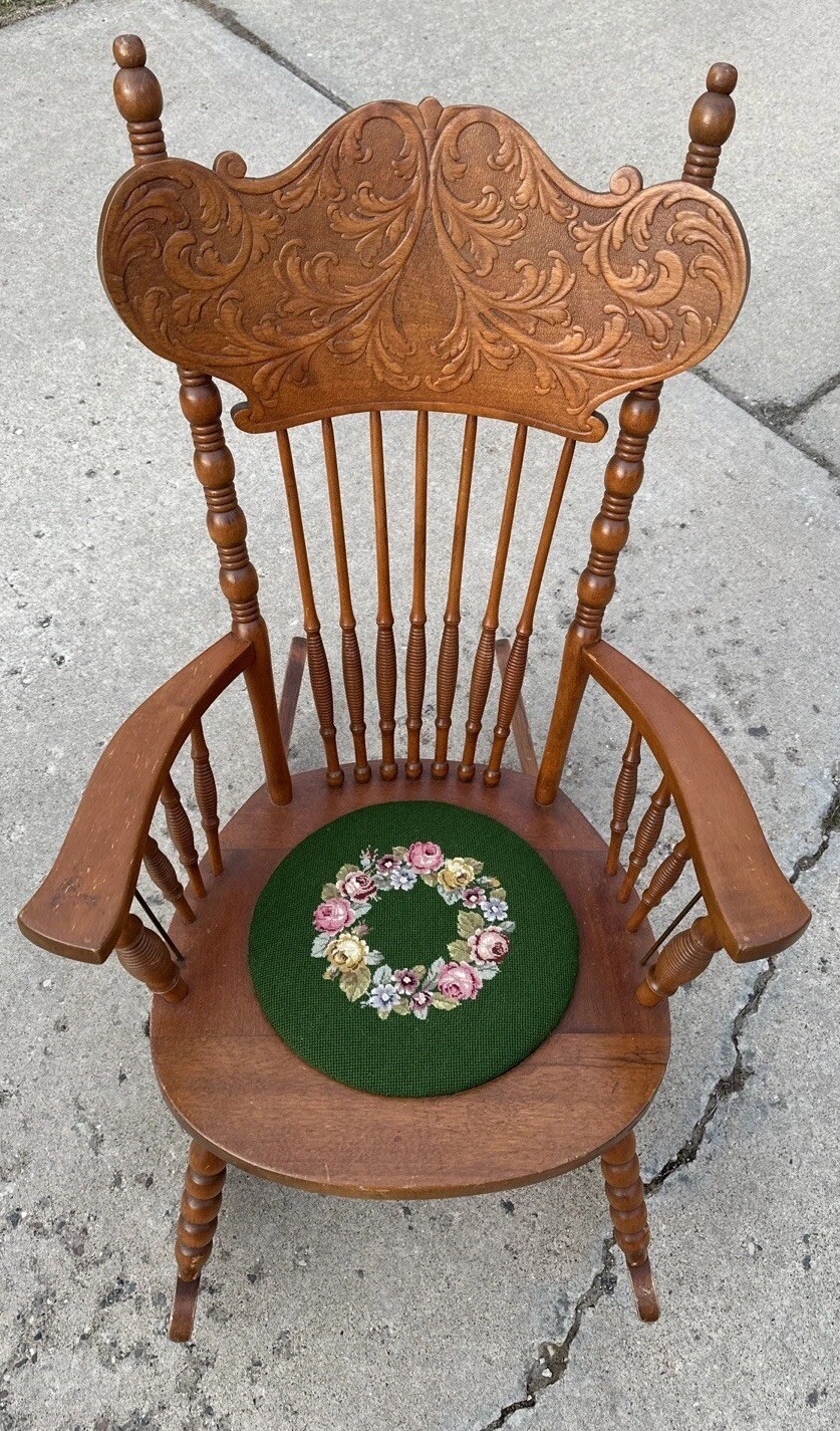 Vintage Victorian Rustic Maple Wood Spindle Back Needlepoint Seat Rocking Chair