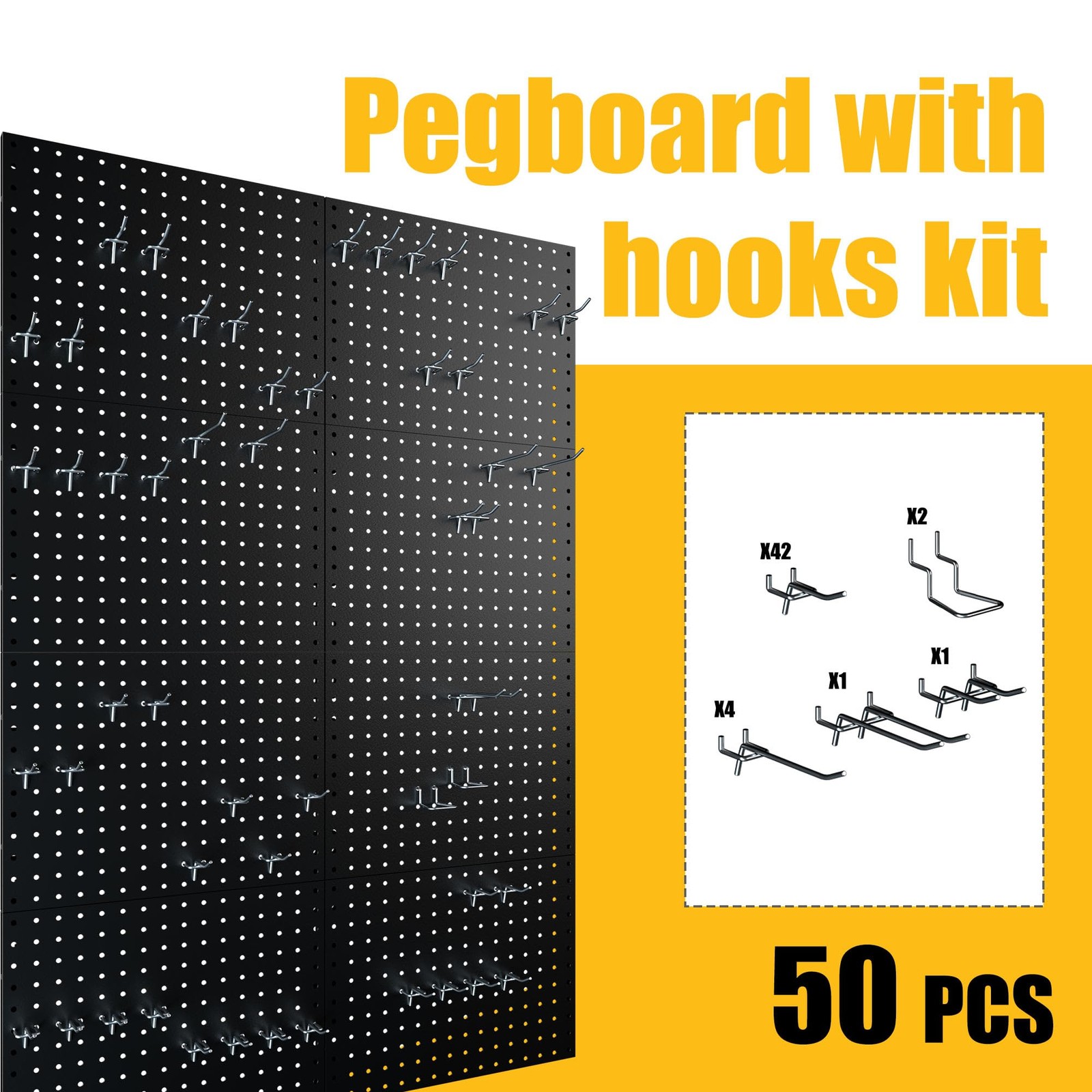 Peg Board, 8 Pack Metal Pegboard Panels with 50 Hooks, Black Pegboards Wall O...