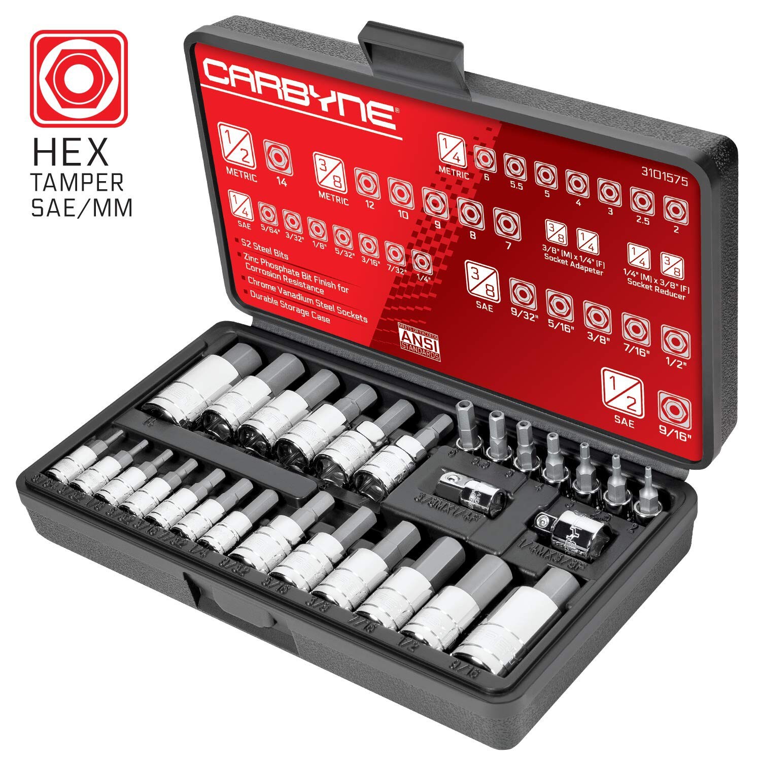 CARBYNE 28 Piece Tamper-Proof Hex Bit Socket Set - SAE & Metric, S2 Steel | 1...